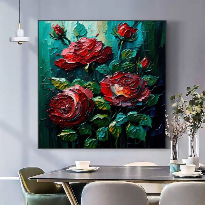 Large Flowers Canvas Wall Art Red Rose Floral Wall Painting Square Texture Green Painting For Home Dining Room Living Room - Image 7