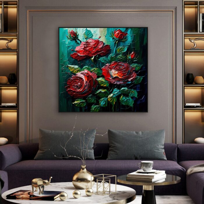 Large Flowers Canvas Wall Art Red Rose Floral Wall Painting Square Texture Green Painting For Home Dining Room Living Room