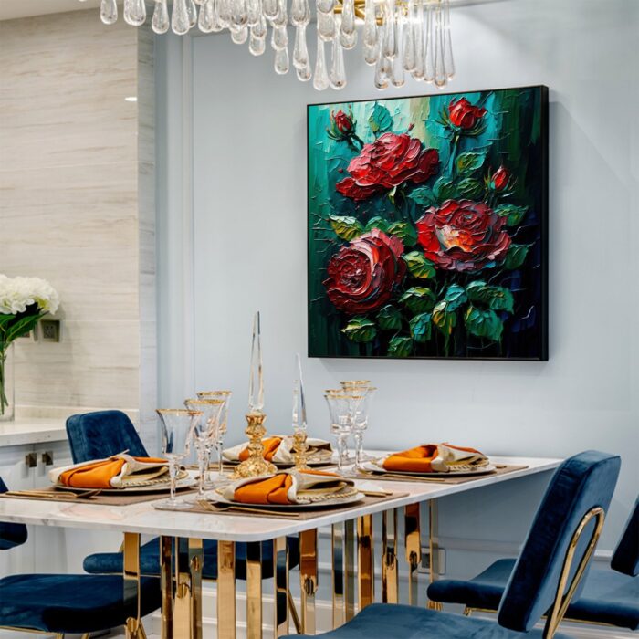 Large Flowers Canvas Wall Art Red Rose Floral Wall Painting Square Texture Green Painting For Home Dining Room Living Room - Image 9