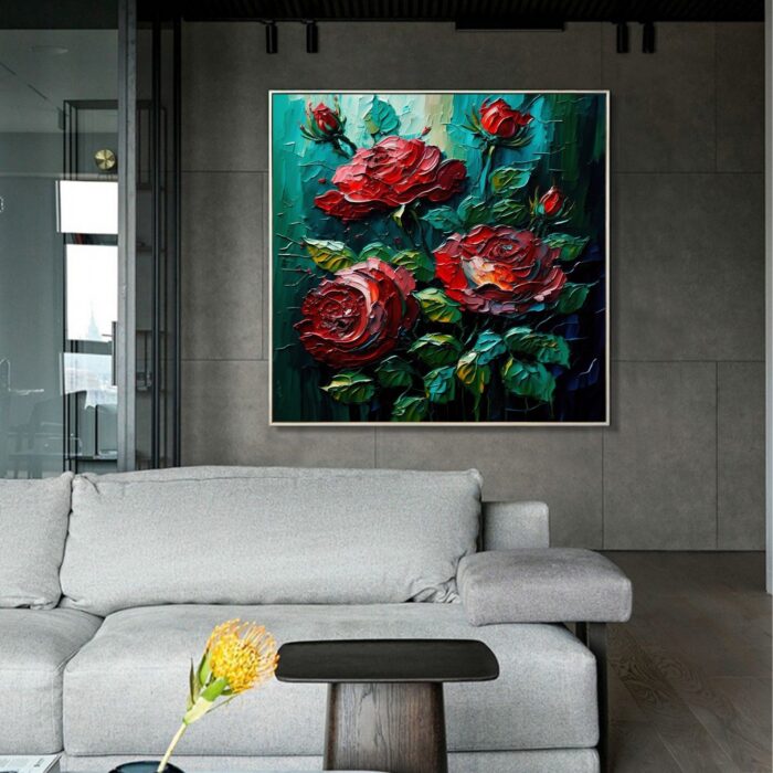 Large Flowers Canvas Wall Art Red Rose Floral Wall Painting Square Texture Green Painting For Home Dining Room Living Room - Image 4