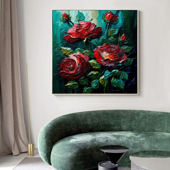 Large Flowers Canvas Wall Art Red Rose Floral Wall Painting Square Texture Green Painting For Home Dining Room Living Room - Image 3