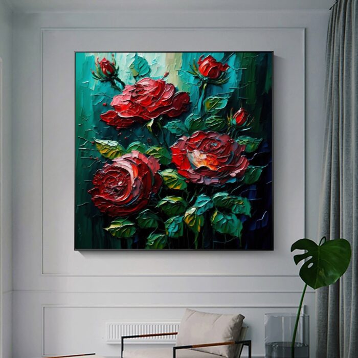 Large Flowers Canvas Wall Art Red Rose Floral Wall Painting Square Texture Green Painting For Home Dining Room Living Room - Image 6