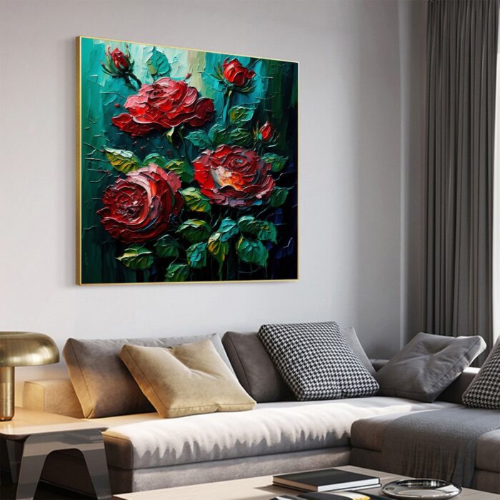 Large Flowers Canvas Wall Art Red Rose Floral Wall Painting Square Texture Green Painting For Home Dining Room Living Room - Image 8