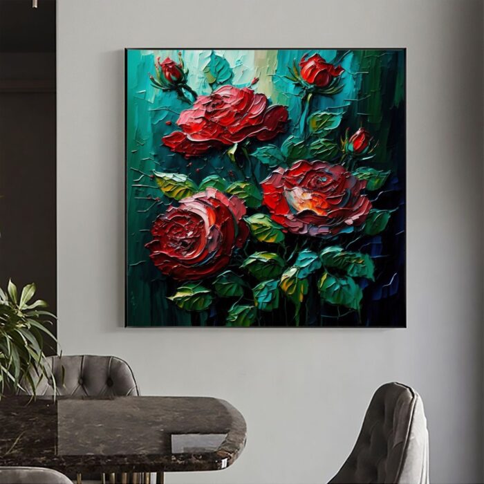 Large Flowers Canvas Wall Art Red Rose Floral Wall Painting Square Texture Green Painting For Home Dining Room Living Room - Image 5