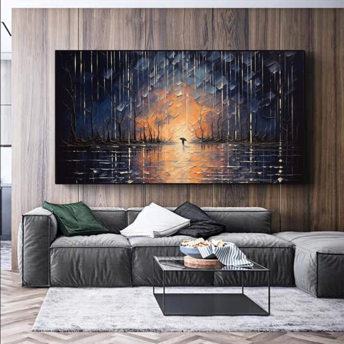 Large Hand Painted Rainy Forest Canvas Wall Art Moon Reflection Wall Decor Pedestrian Holding Umbrella Artwork
