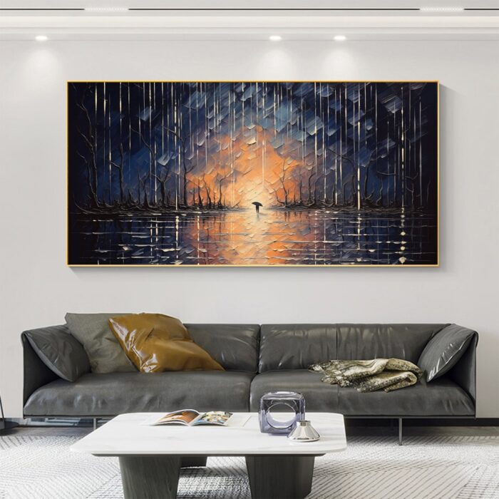 Large Hand Painted Rainy Forest Canvas Wall Art Moon Reflection Wall Decor Pedestrian Holding Umbrella Artwork - Image 4