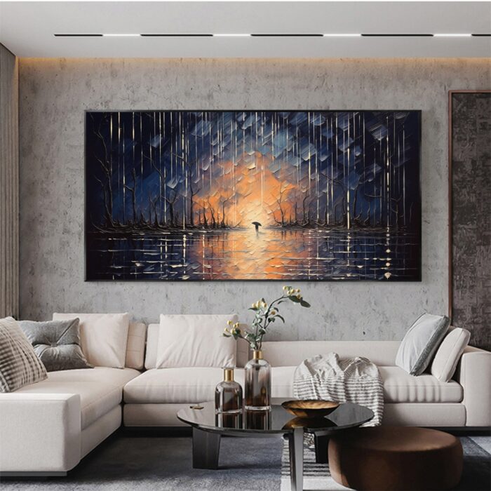 Large Hand Painted Rainy Forest Canvas Wall Art Moon Reflection Wall Decor Pedestrian Holding Umbrella Artwork - Image 6