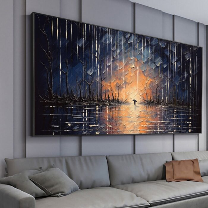 Large Hand Painted Rainy Forest Canvas Wall Art Moon Reflection Wall Decor Pedestrian Holding Umbrella Artwork - Image 8