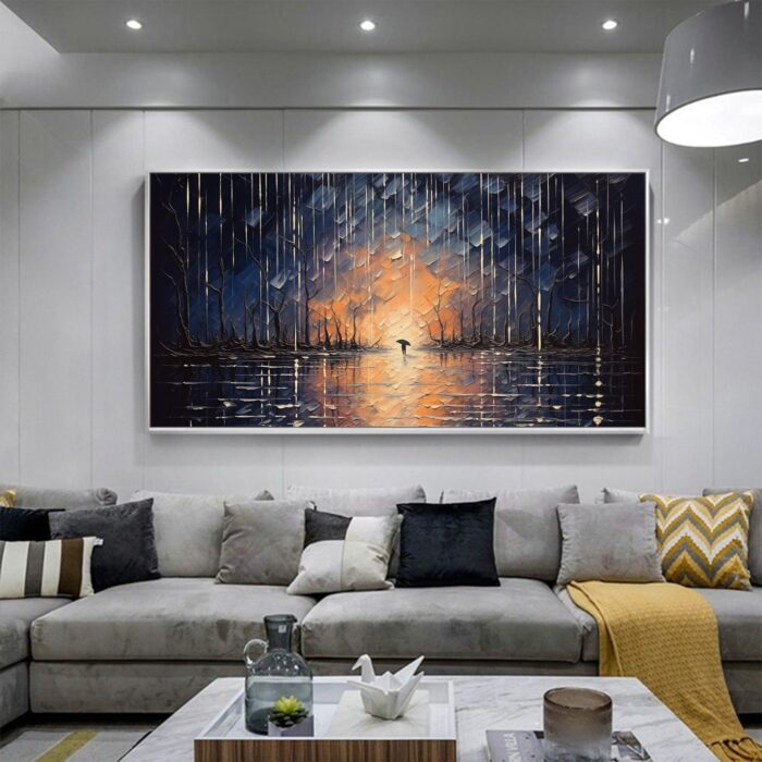 Large Hand Painted Rainy Forest Canvas Wall Art Moon Reflection Wall Decor Pedestrian Holding Umbrella Artwork - Image 5