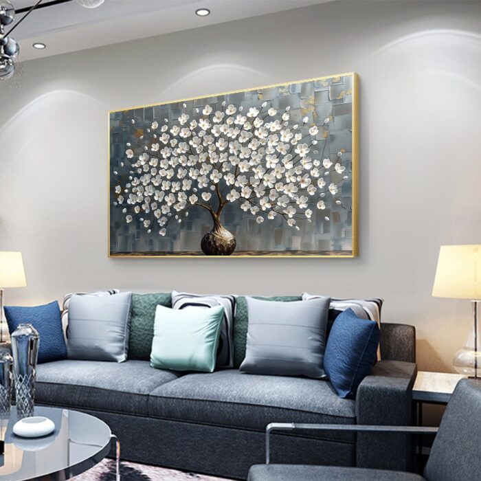 Large White Blossom Wall Art Texture 3D White Flower Tree Gray Painting Abstract Canvas Floral Painting For Home Decor - Image 8