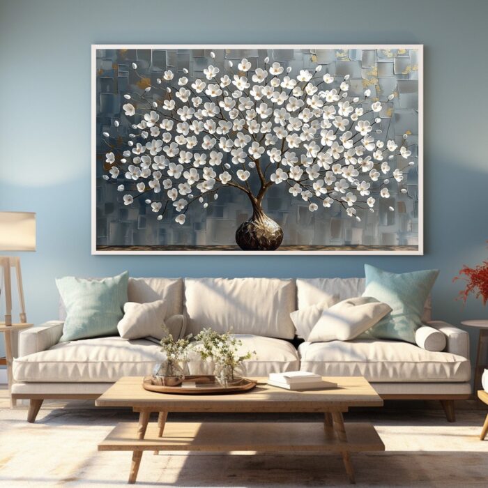 Large White Blossom Wall Art Texture 3D White Flower Tree Gray Painting Abstract Canvas Floral Painting For Home Decor - Image 3