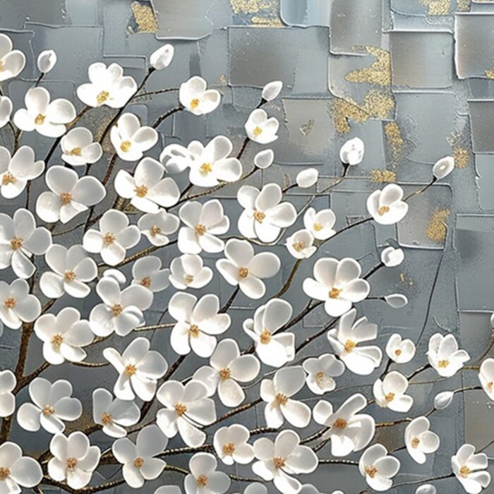 Large White Blossom Wall Art Texture 3D White Flower Tree Gray Painting Abstract Canvas Floral Painting For Home Decor - Image 2