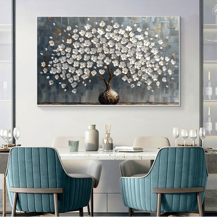 Large White Blossom Wall Art Texture 3D White Flower Tree Gray Painting Abstract Canvas Floral Painting For Home Decor - Image 7