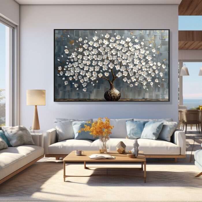 Large White Blossom Wall Art Texture 3D White Flower Tree Gray Painting Abstract Canvas Floral Painting For Home Decor - Image 6