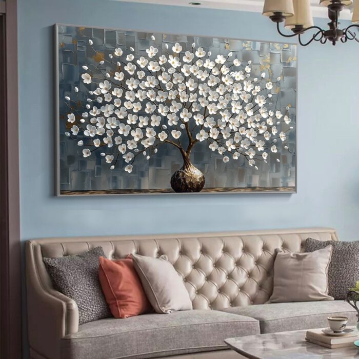 Large White Blossom Wall Art Texture 3D White Flower Tree Gray Painting Abstract Canvas Floral Painting For Home Decor - Image 9