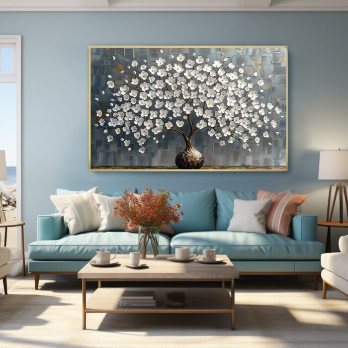 Large White Blossom Wall Art Texture 3D White Flower Tree Gray Painting Abstract Canvas Floral Painting For Home Decor