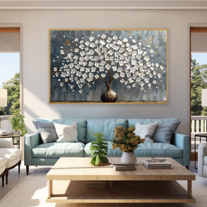 Large White Blossom Wall Art Texture 3D White Flower Tree Gray Painting Abstract Canvas Floral Painting For Home Decor - Image 5