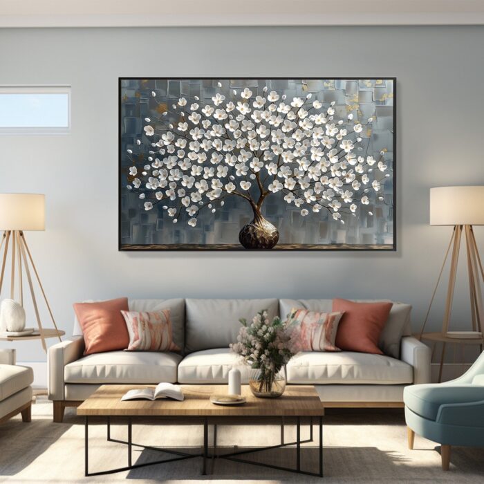 Large White Blossom Wall Art Texture 3D White Flower Tree Gray Painting Abstract Canvas Floral Painting For Home Decor - Image 4