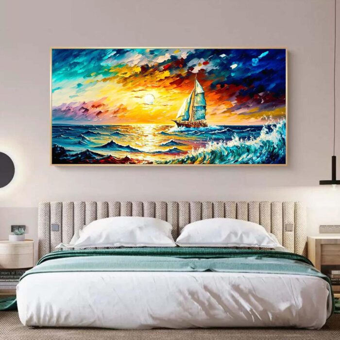 Navigation Canvas Wall Art Original Ship Painting Colorful Textured Artwork for Bedroom Living Room - Image 5