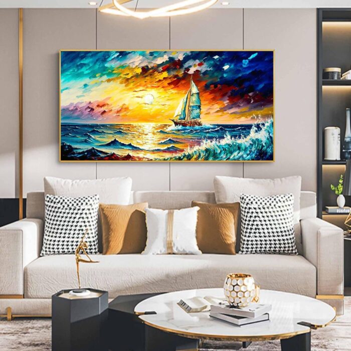 Navigation Canvas Wall Art Original Ship Painting Colorful Textured Artwork for Bedroom Living Room - Image 3