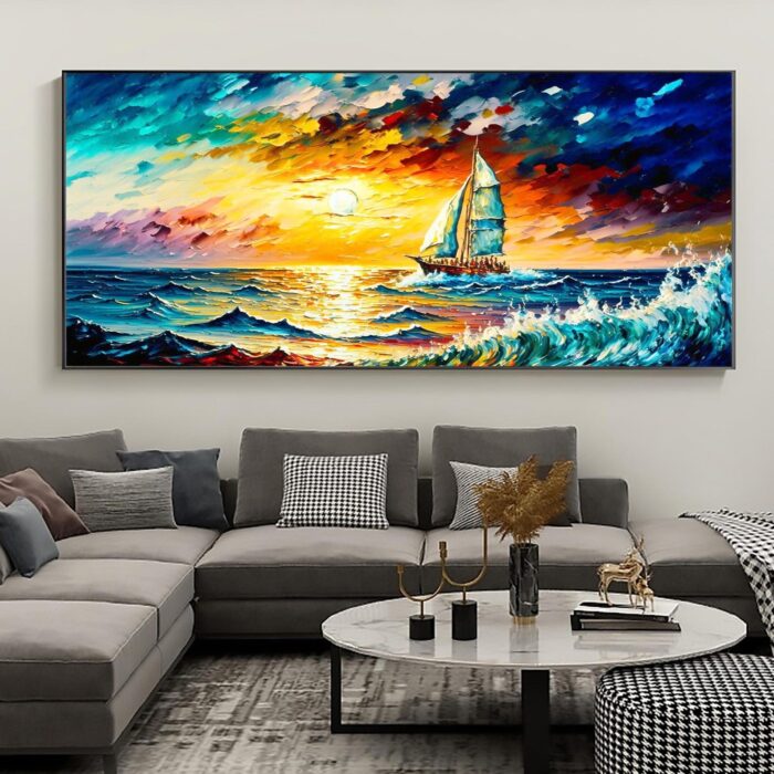 Navigation Canvas Wall Art Original Ship Painting Colorful Textured Artwork for Bedroom Living Room