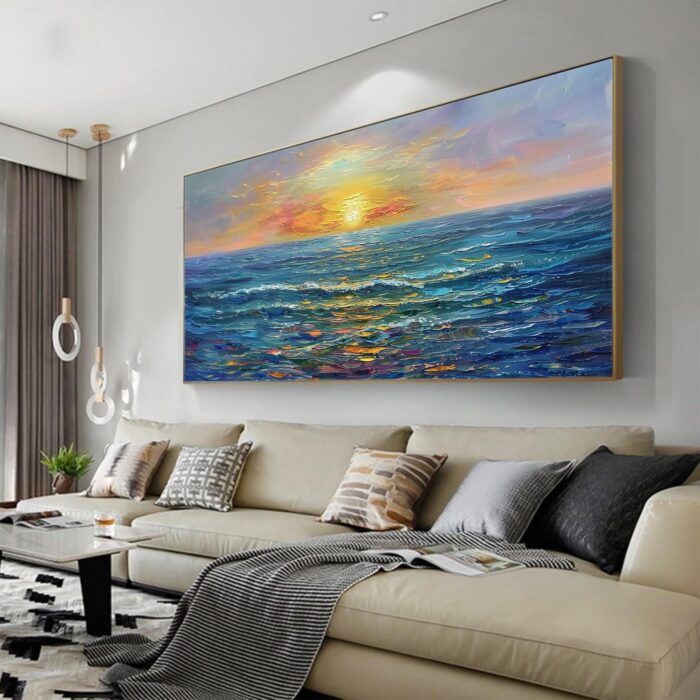 Ocean Sunrise Wall Art Sea Sunrise Art Blue Ocean Canvas Wave Painting For Home Office Decorations - Image 9