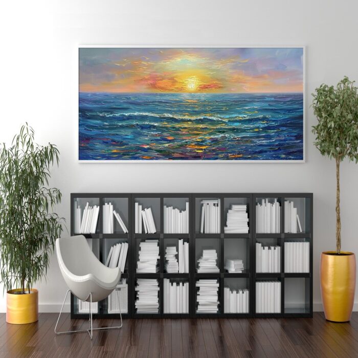 Ocean Sunrise Wall Art Sea Sunrise Art Blue Ocean Canvas Wave Painting For Home Office Decorations - Image 6
