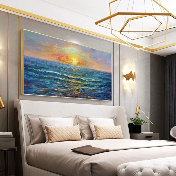 Ocean Sunrise Wall Art Sea Sunrise Art Blue Ocean Canvas Wave Painting For Home Office Decorations - Image 8
