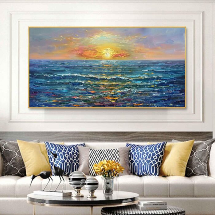 Ocean Sunrise Wall Art Sea Sunrise Art Blue Ocean Canvas Wave Painting For Home Office Decorations - Image 5