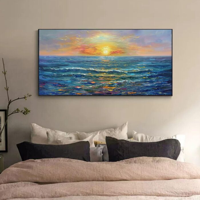 Ocean Sunrise Wall Art Sea Sunrise Art Blue Ocean Canvas Wave Painting For Home Office Decorations - Image 7