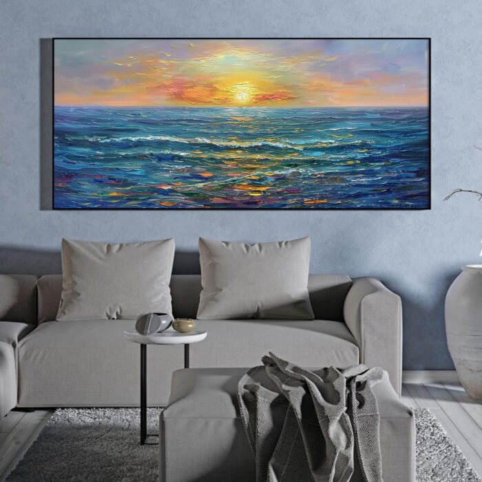 Ocean Sunrise Wall Art Sea Sunrise Art Blue Ocean Canvas Wave Painting For Home Office Decorations - Image 4