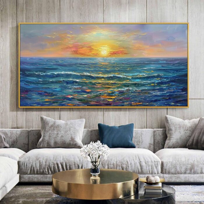 Ocean Sunrise Wall Art Sea Sunrise Art Blue Ocean Canvas Wave Painting For Home Office Decorations