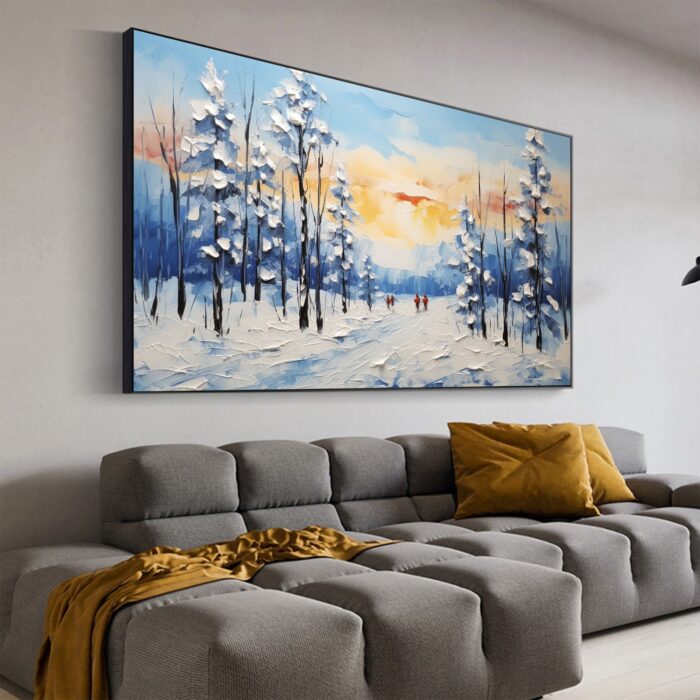 Original Winter Snow Landscape Oil Painting on Canvas Sunset Scenery Artwork Snowy Forest Canvas Art Wall Decor - Image 5