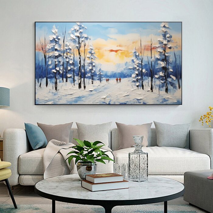 Original Winter Snow Landscape Oil Painting on Canvas Sunset Scenery Artwork Snowy Forest Canvas Art Wall Decor - Image 3