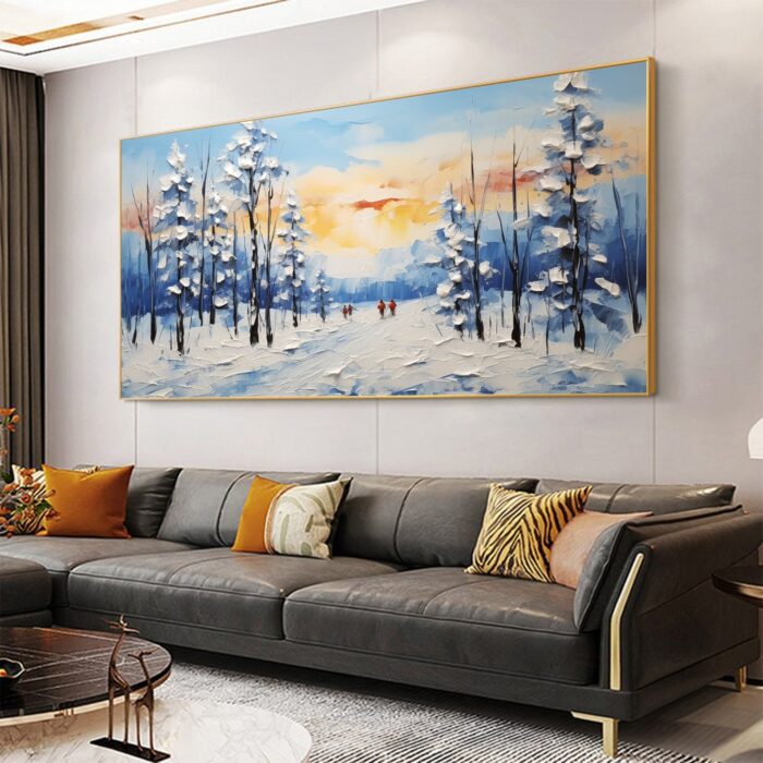 Original Winter Snow Landscape Oil Painting on Canvas Sunset Scenery Artwork Snowy Forest Canvas Art Wall Decor - Image 6