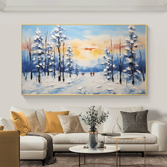 Original Winter Snow Landscape Oil Painting on Canvas Sunset Scenery Artwork Snowy Forest Canvas Art Wall Decor