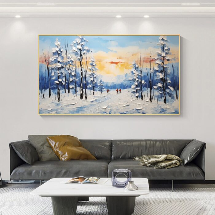 Original Winter Snow Landscape Oil Painting on Canvas Sunset Scenery Artwork Snowy Forest Canvas Art Wall Decor - Image 4