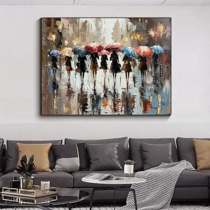 Pedestrians Walking Under Umbrella Canvas Painting City Wall Art Rainy Street Art Oil Painting for Living Room Bedroom