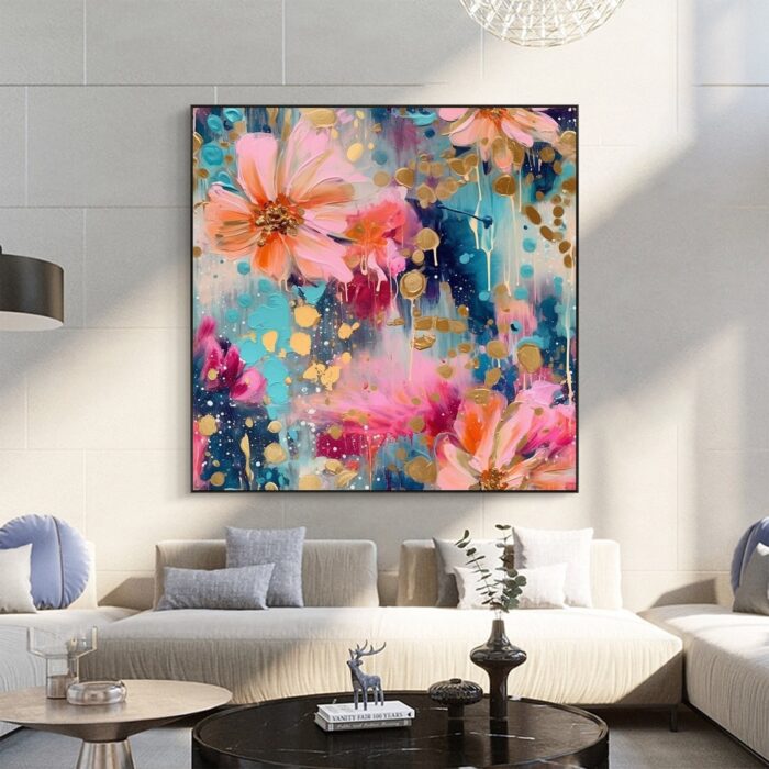 Colorful Floral Painting on Canvas Pink Flowers Wildflowers Square Painting For Living Room Dinning Room