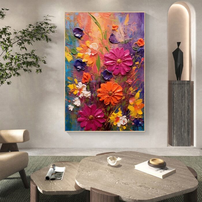 Hand Painted Pink Yellow Daisy Canvas Wall Art Vertical Wild Daisy Flower Canvas Painting Decor Rest Room - Image 4