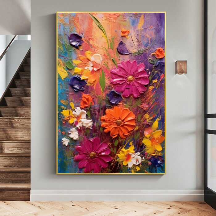 Hand Painted Pink Yellow Daisy Canvas Wall Art Vertical Wild Daisy Flower Canvas Painting Decor Rest Room - Image 3