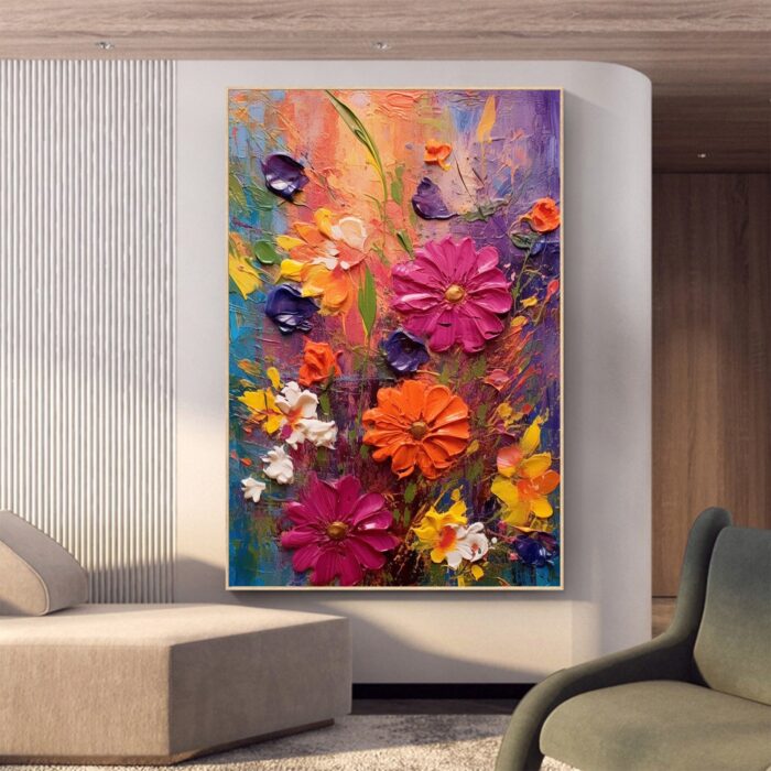 Hand Painted Pink Yellow Daisy Canvas Wall Art Vertical Wild Daisy Flower Canvas Painting Decor Rest Room