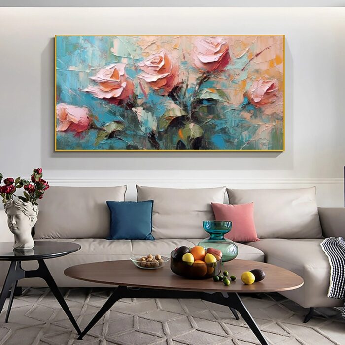 Pink Rose Wall Art Paintings Green Leaf Painting on Canvas Original Floral Oil Painting Wall Decor For Bedroom - Image 7
