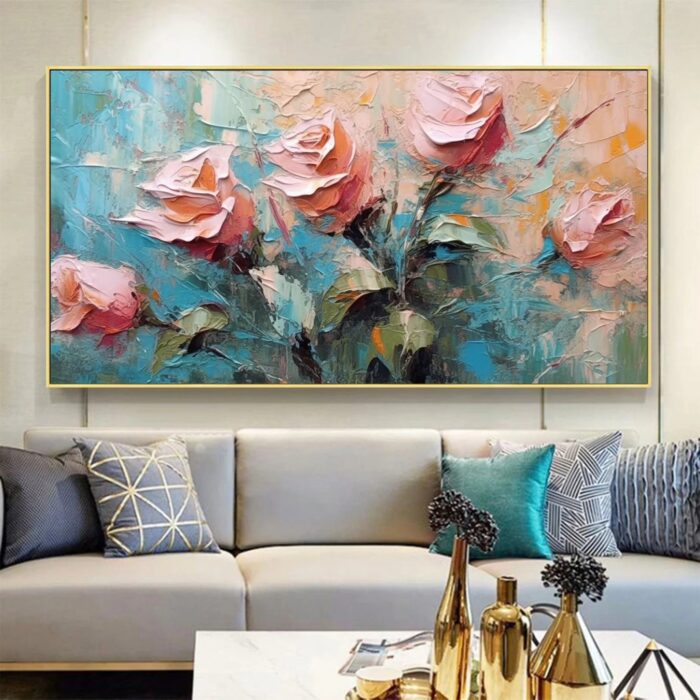 Pink Rose Wall Art Paintings Green Leaf Painting on Canvas Original Floral Oil Painting Wall Decor For Bedroom - Image 5
