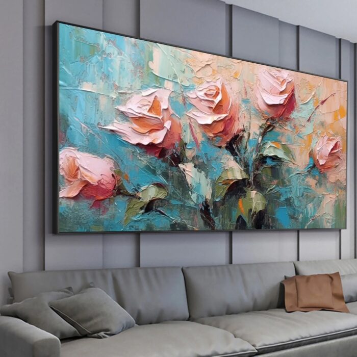 Pink Rose Wall Art Paintings Green Leaf Painting on Canvas Original Floral Oil Painting Wall Decor For Bedroom - Image 8