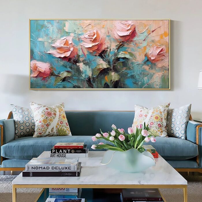 Pink Rose Wall Art Paintings Green Leaf Painting on Canvas Original Floral Oil Painting Wall Decor For Bedroom - Image 6