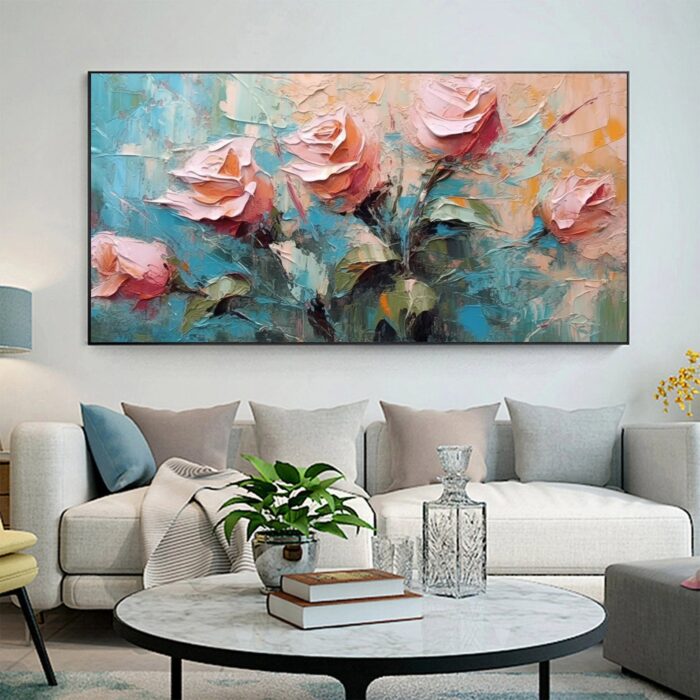 Pink Rose Wall Art Paintings Green Leaf Painting on Canvas Original Floral Oil Painting Wall Decor For Bedroom - Image 4