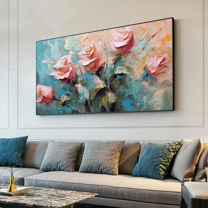 Pink Rose Wall Art Paintings Green Leaf Painting on Canvas Original Floral Oil Painting Wall Decor For Bedroom - Image 9