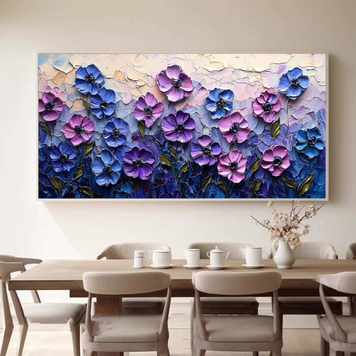Purple Blue Flower Texture Painting 3D Floral Abstract Wall Art Pink Flower Canvas Painting Textured Flower Painting Decor - Image 5