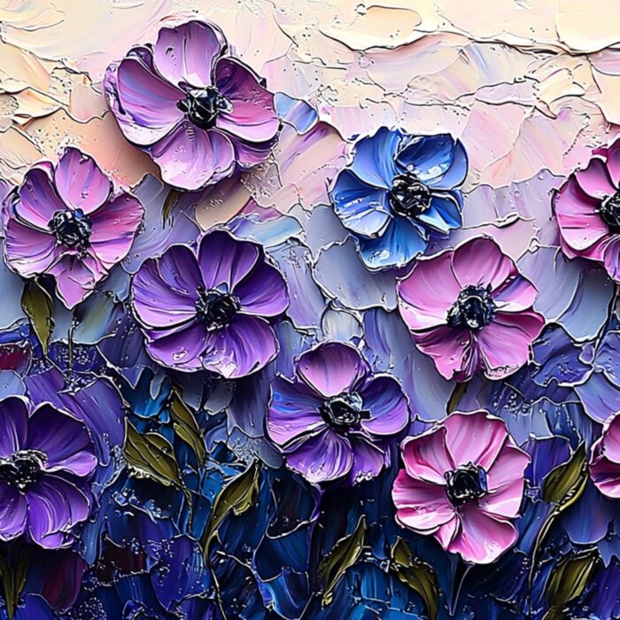 Purple Blue Flower Texture Painting 3D Floral Abstract Wall Art Pink Flower Canvas Painting Textured Flower Painting Decor - Image 2
